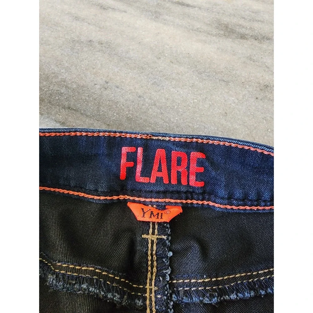 YMI Women Dark Wash Flare Jeans Exposed Button Fly Raw Hem Size 5 Blue Denim